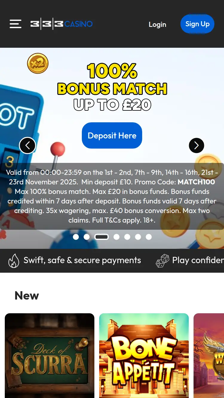 333 Casino - homepage (mobile)