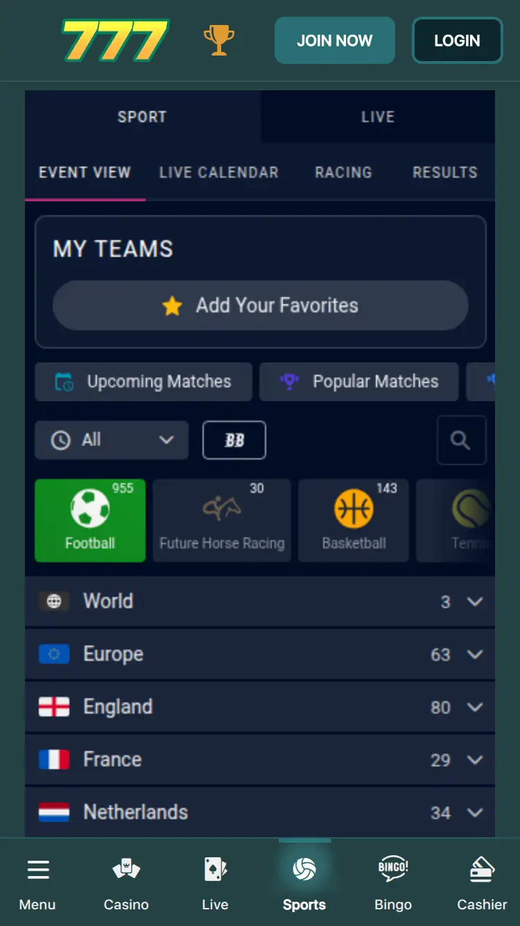 777 Bet - homepage (mobile)