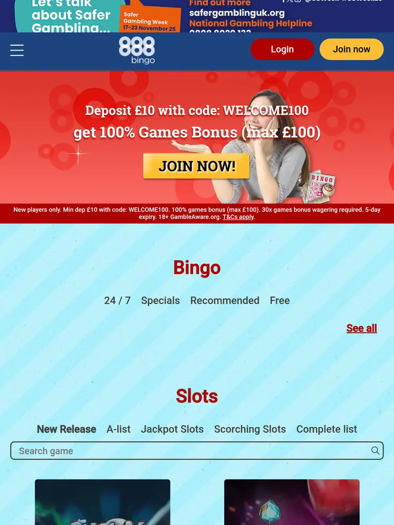 888 Bingo - homepage (tablet)