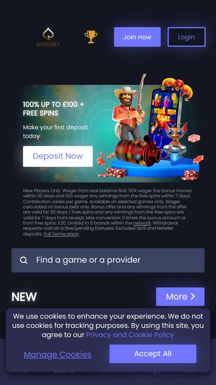 Aced Bet - homepage (mobile)