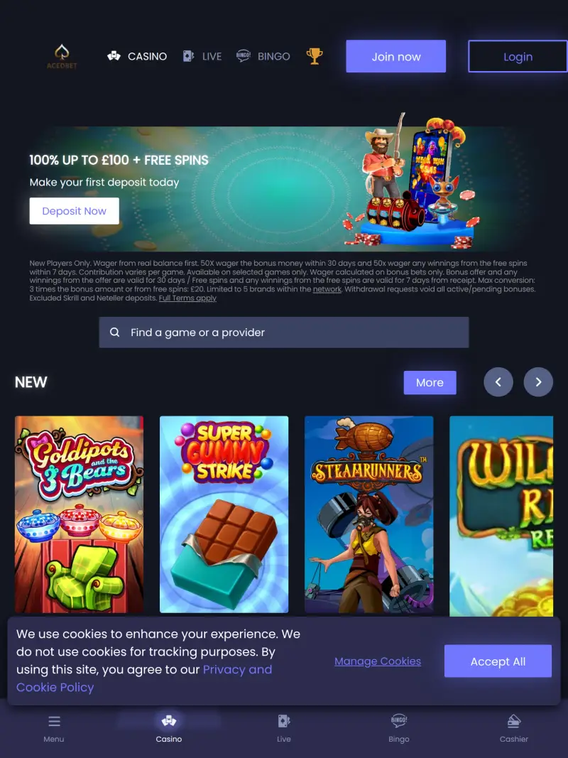 Aced Bet - homepage (tablet)