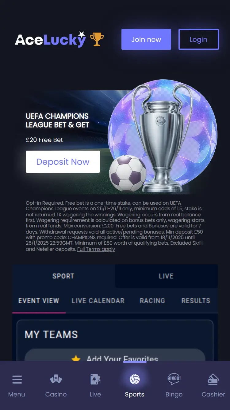 Ace Lucky - homepage (mobile)