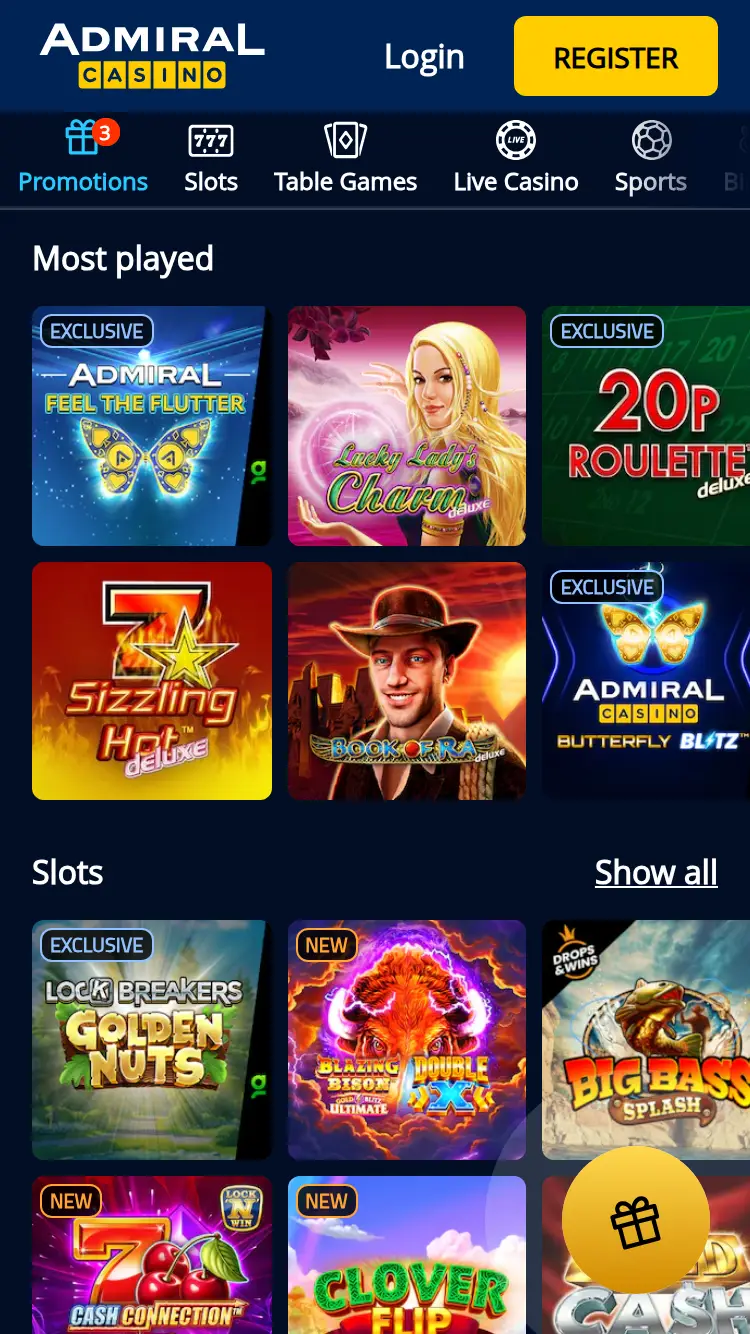 Admiral Casino - homepage (mobile)