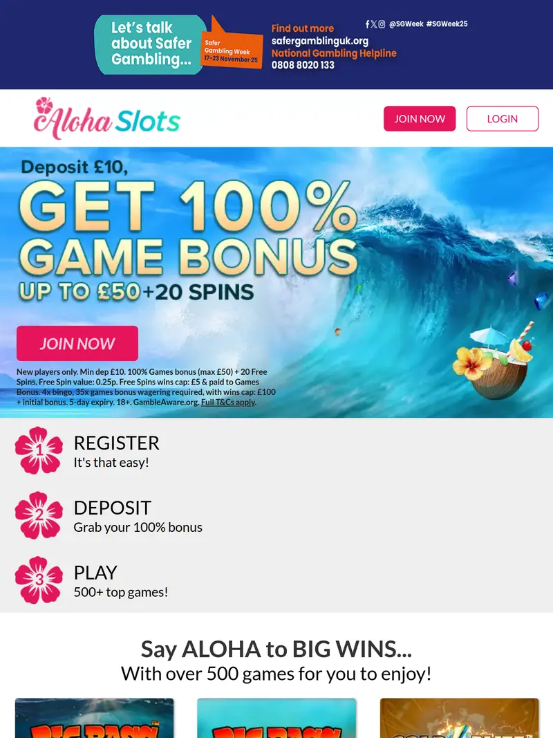 Aloha Slots - homepage (tablet)