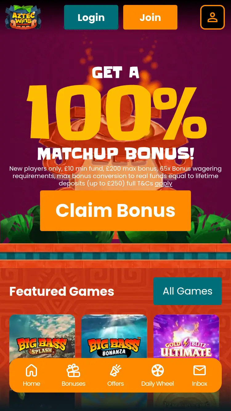 Aztec Wins - homepage (mobile)