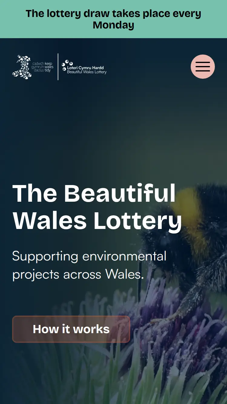 Beautiful Wales Lottery - homepage (mobile)