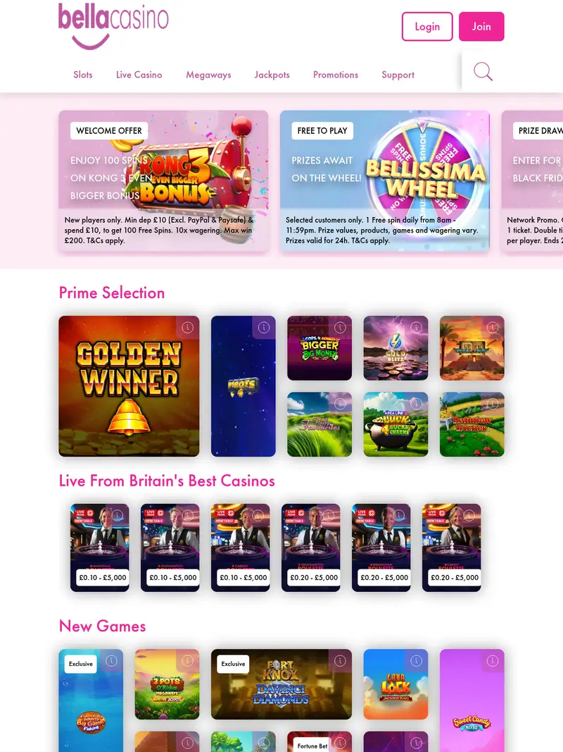 Bella Casino - homepage (tablet)