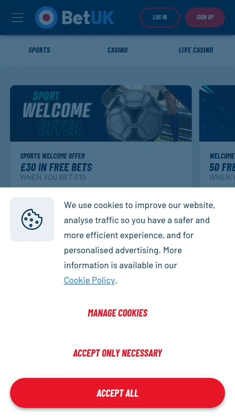 Bet UK - homepage (mobile)