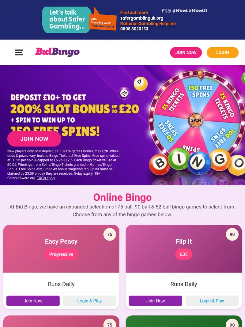 Bid Bingo - homepage (tablet)
