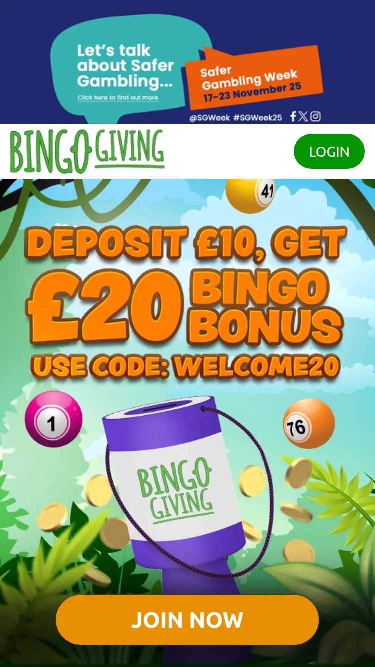 Bingo Giving - homepage (mobile)