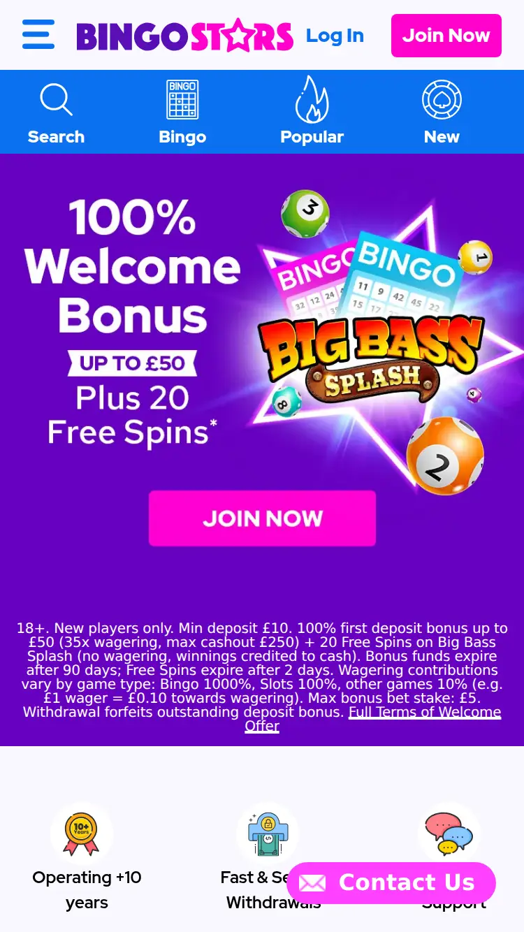 Bingo Stars - homepage (mobile)