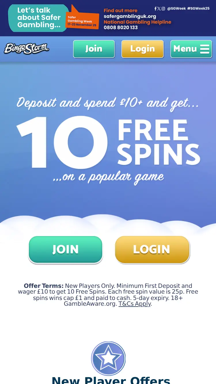 Bingo Storm - homepage (mobile)