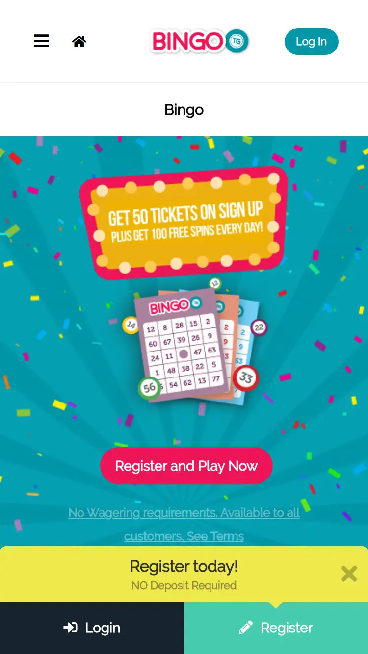 Bingo TG - homepage (mobile)