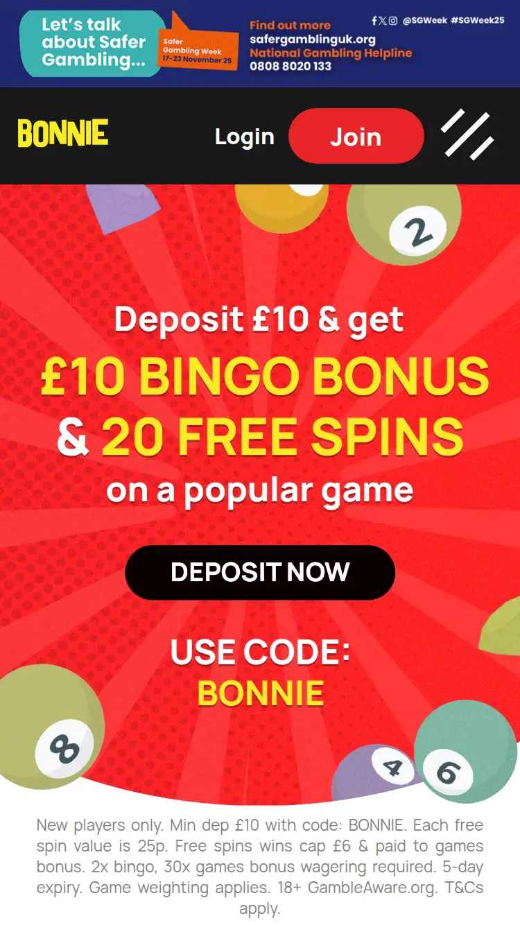 Bonnie Bingo - homepage (mobile)
