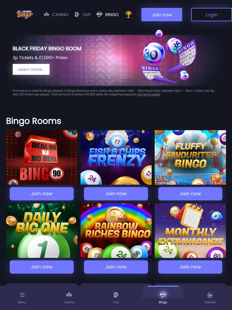 Bubble Bingo - homepage (tablet)