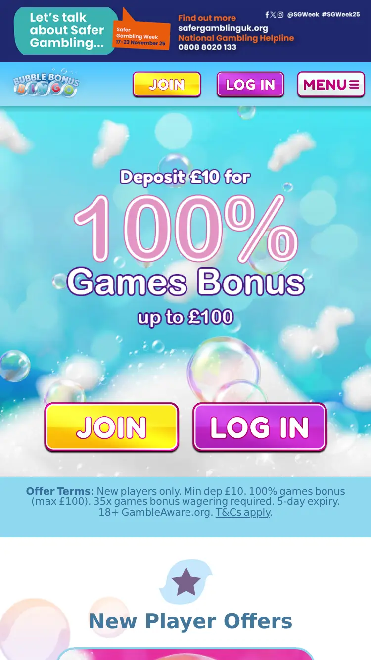 Bubble Bonus Bingo - homepage (mobile)