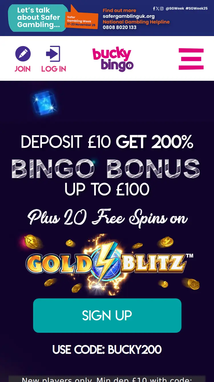 Bucky Bingo - homepage (mobile)