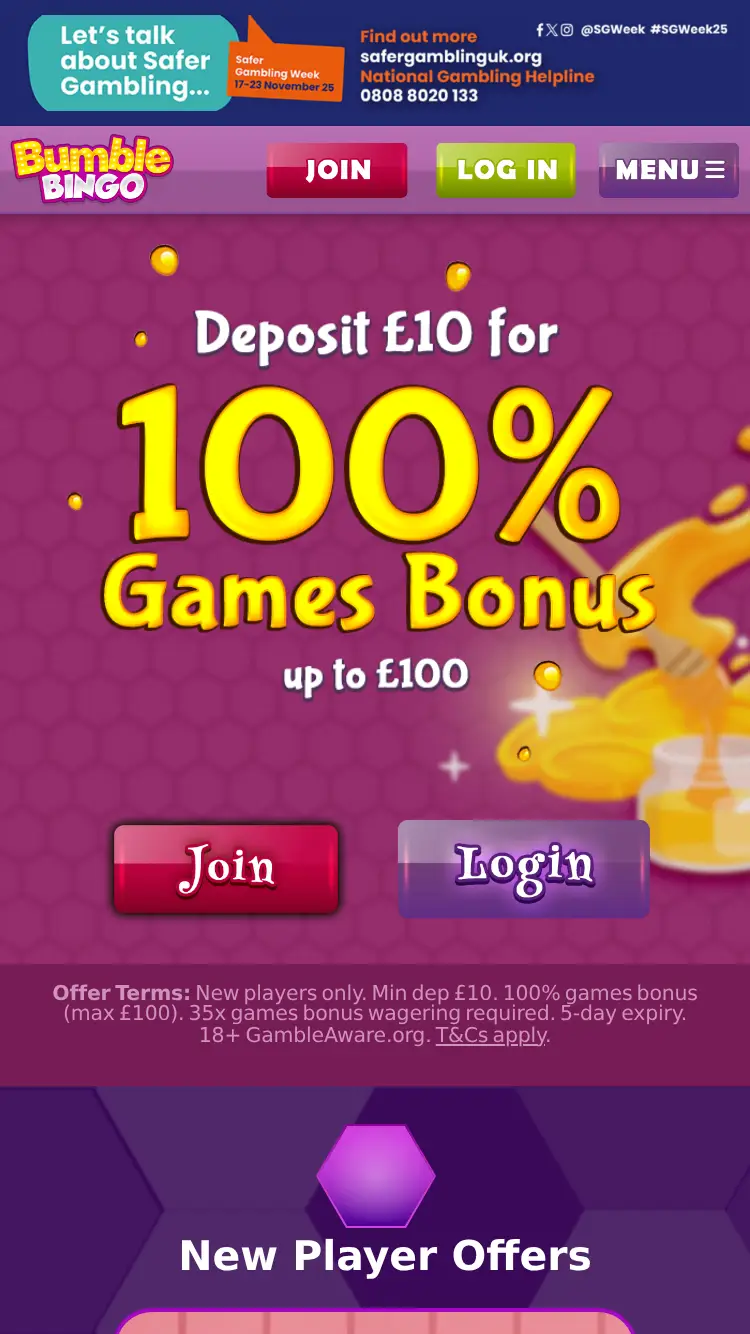 Bumble Bingo - homepage (mobile)