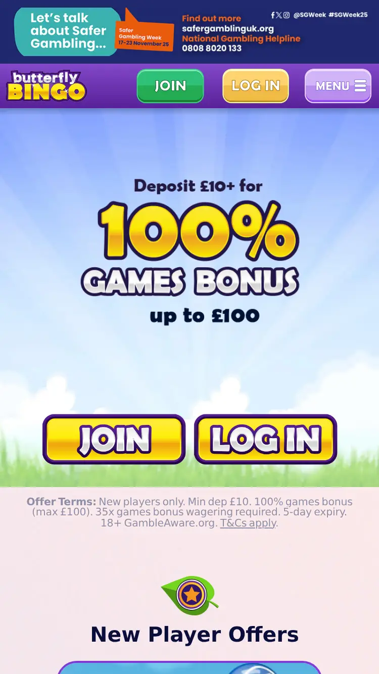 Butterfly Bingo - homepage (mobile)