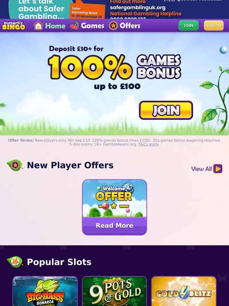 Butterfly Bingo - homepage (tablet)