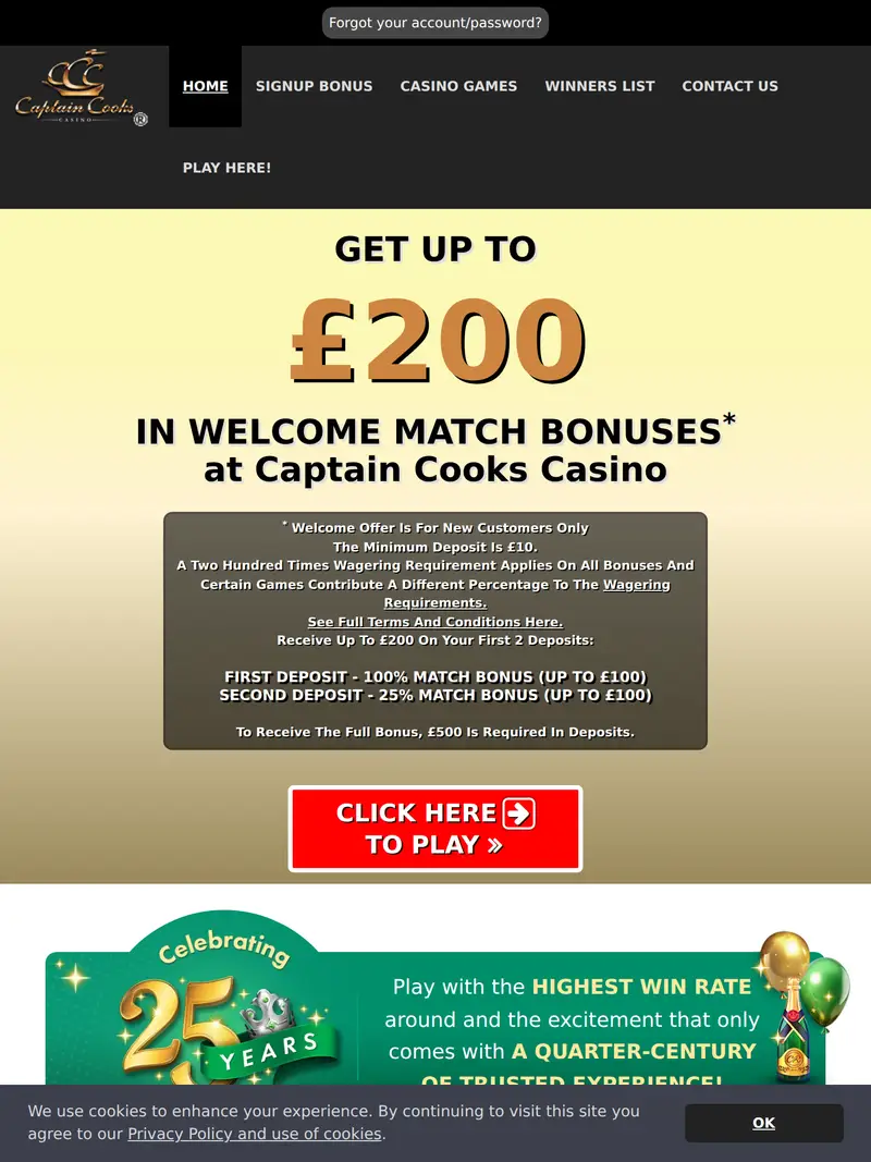 Captain Cook Casino - homepage (tablet)