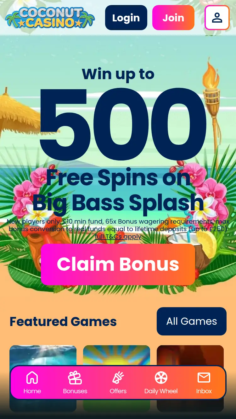Coconut Casino - homepage (mobile)