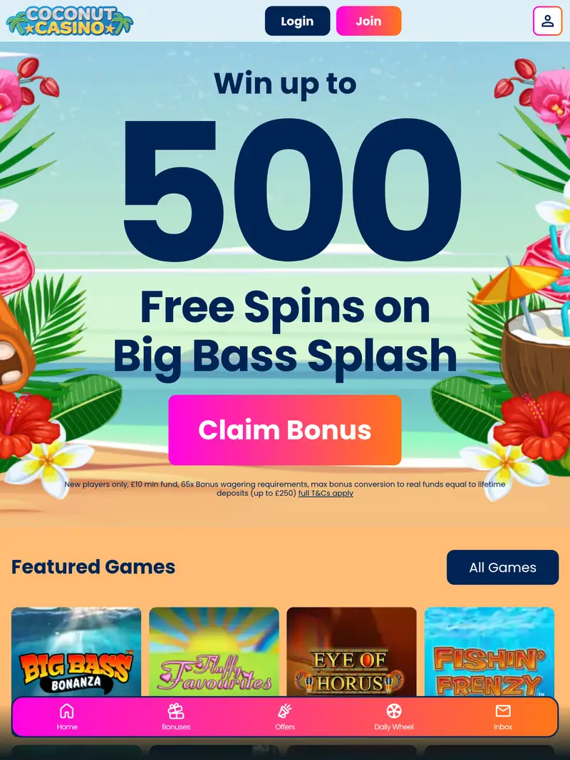 Coconut Casino - homepage (tablet)