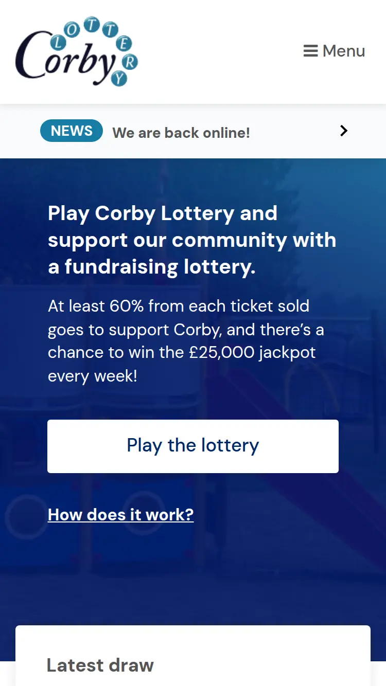 Corby Lottery - homepage (mobile)