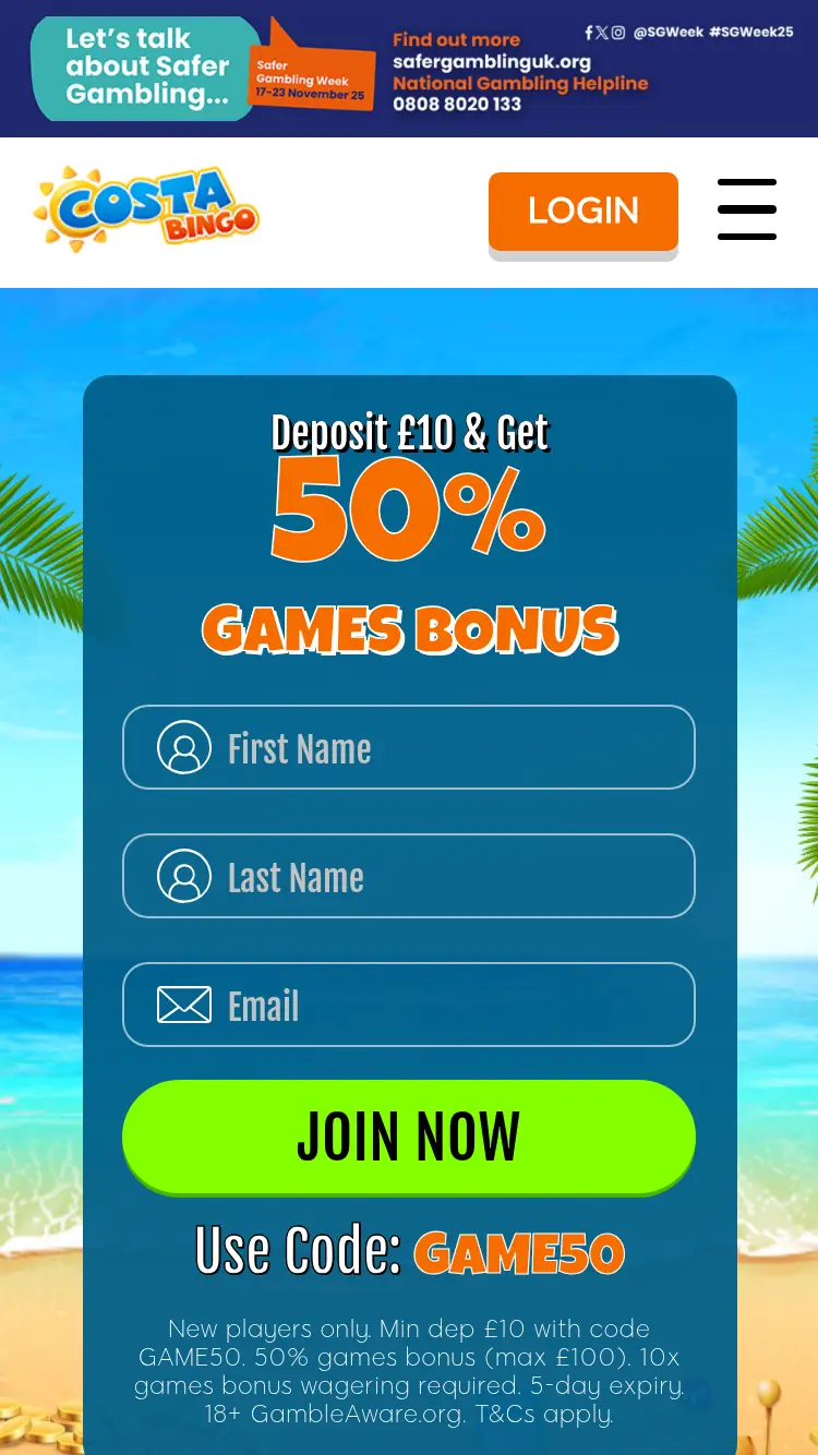 Costa Bingo - homepage (mobile)