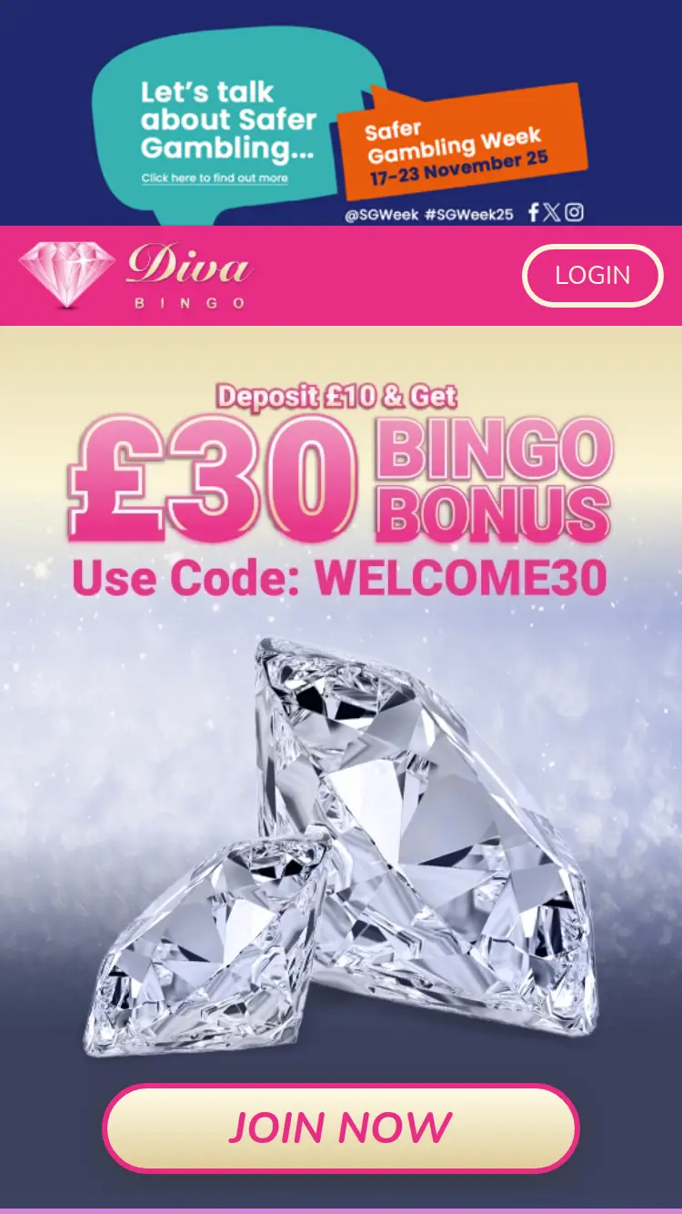 Diva Bingo - homepage (mobile)