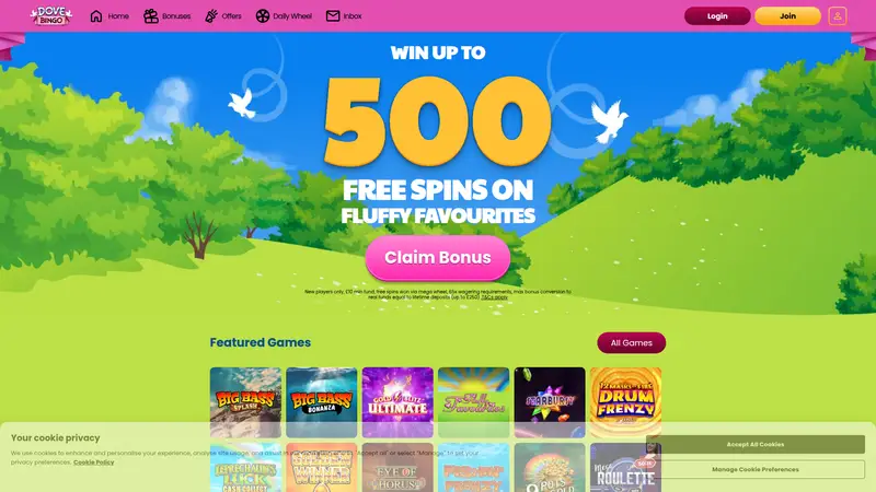 Dove Bingo - homepage (desktop)