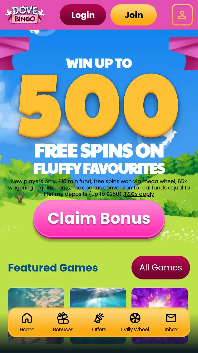 Dove Bingo - homepage (mobile)