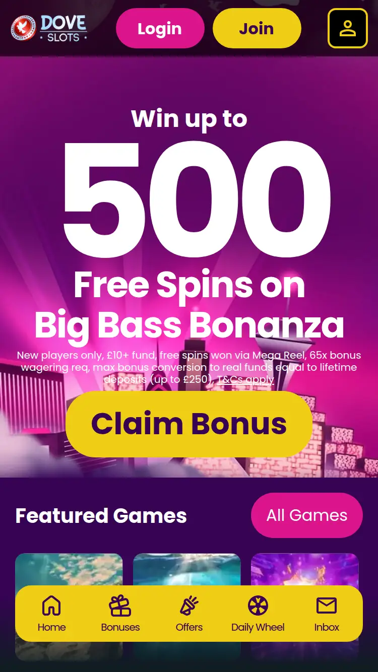 Dove Slots - homepage (mobile)