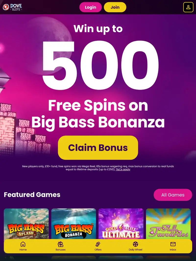 Dove Slots - homepage (tablet)