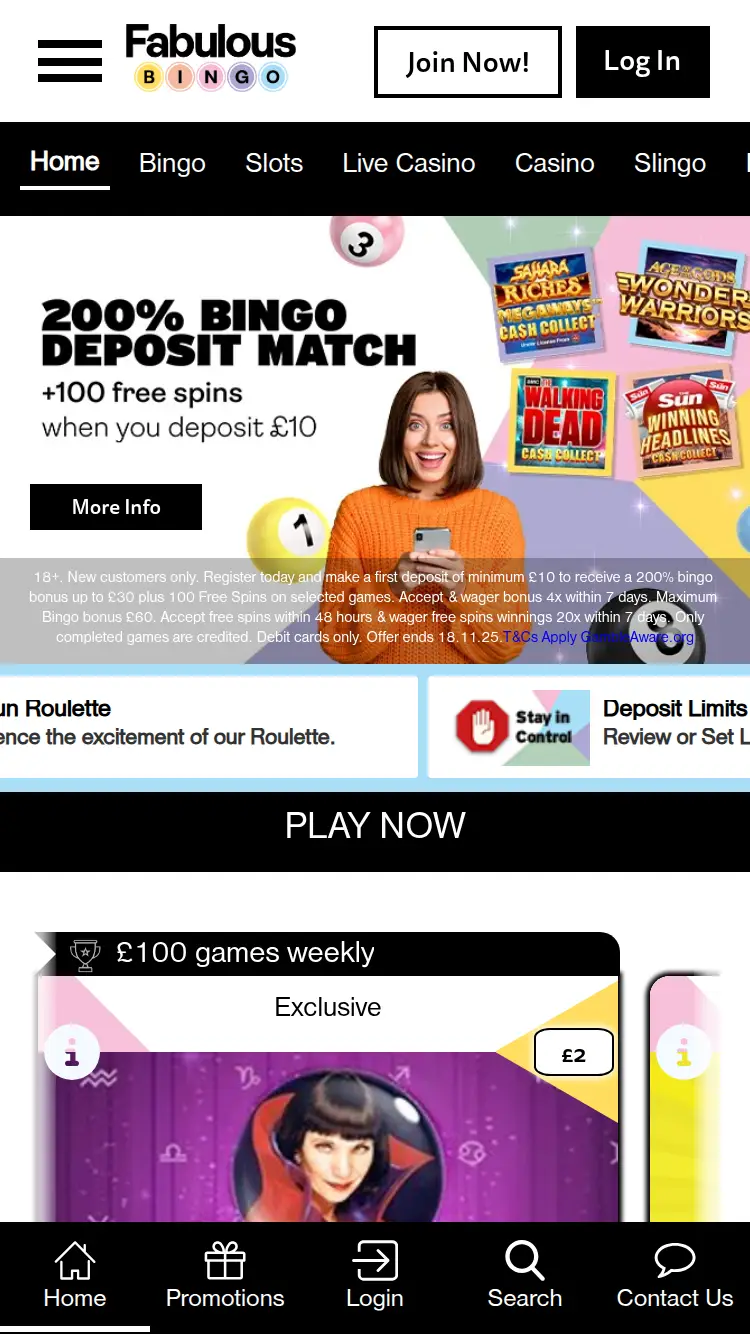 Fabulous Bingo - homepage (mobile)