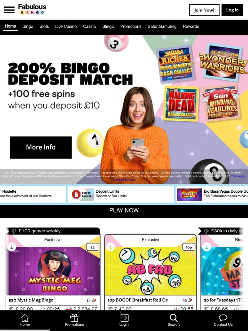 Fabulous Bingo - homepage (tablet)