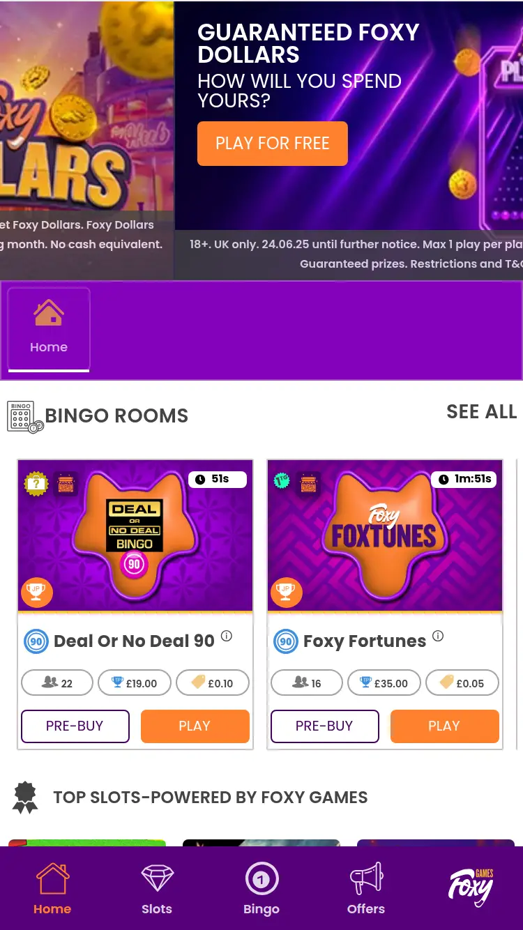 Foxy Bingo - homepage (mobile)