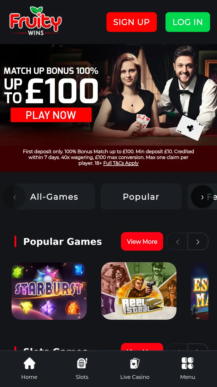 Fruity Wins - homepage (mobile)