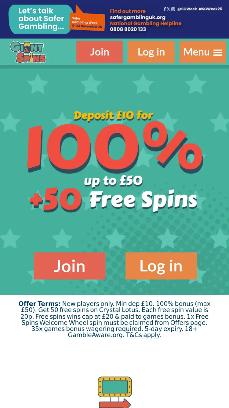 Giant Spins - homepage (mobile)
