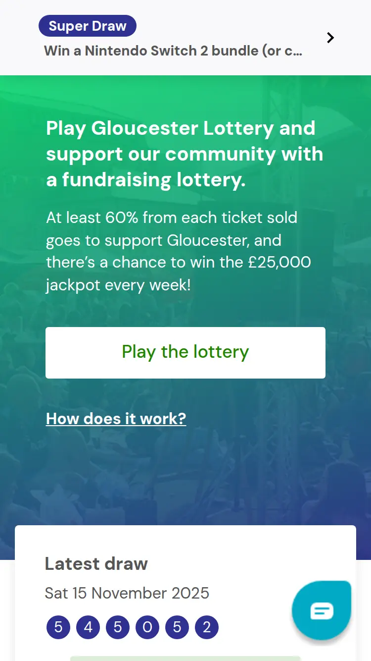 Gloucester Lottery - homepage (mobile)