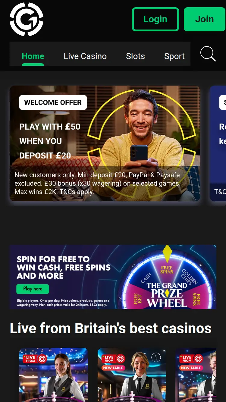 Grosvenor Casinos - homepage (mobile)