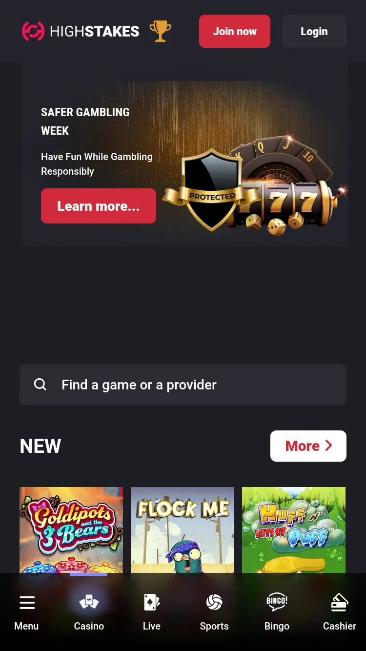 High Stakes - homepage (mobile)
