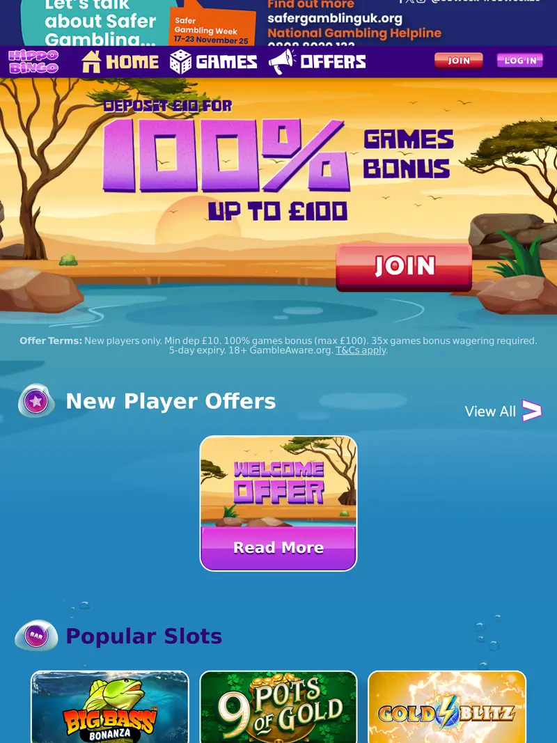 Hippo Bingo - homepage (tablet)