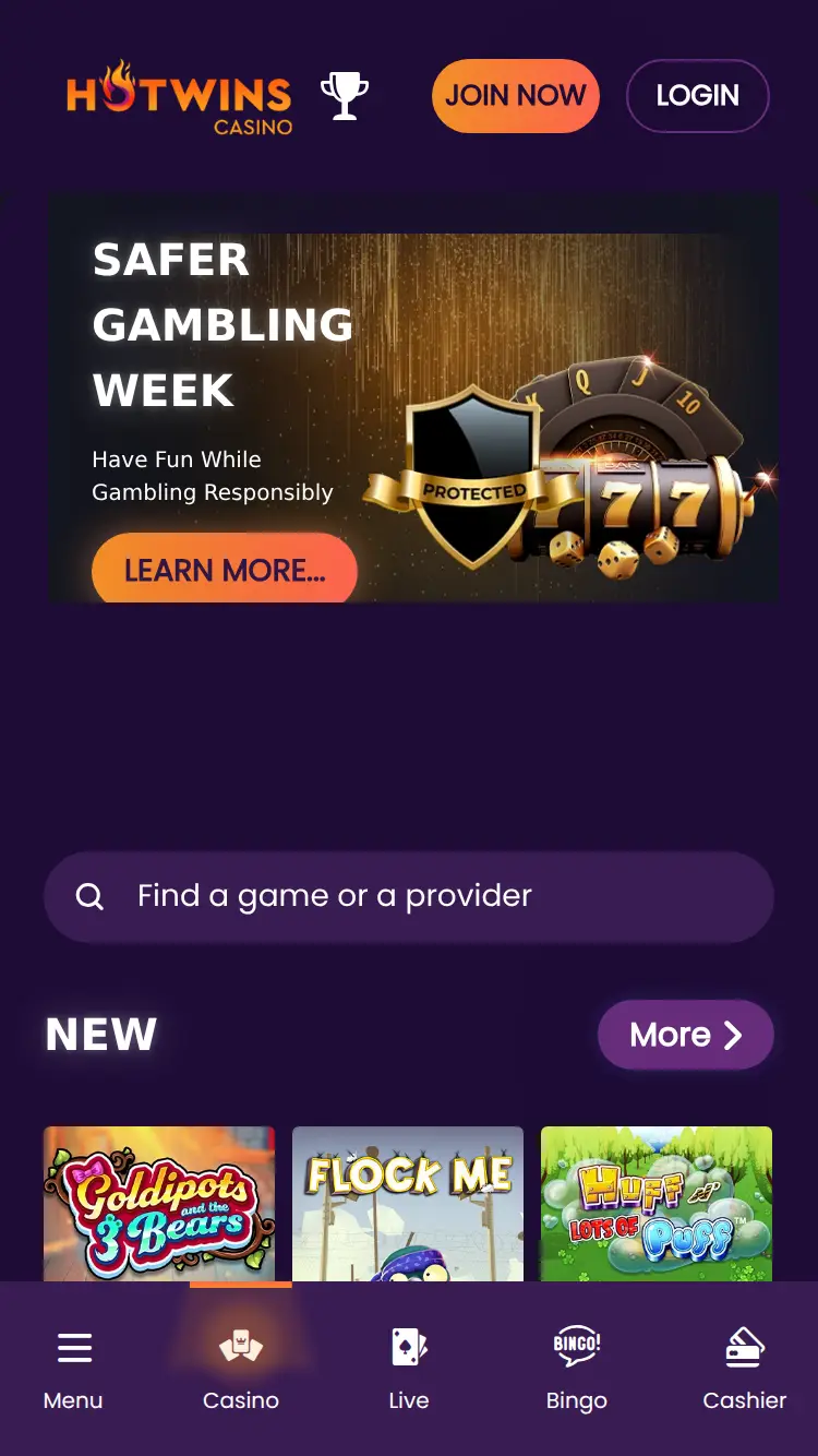 Hot Wins Casino - homepage (mobile)