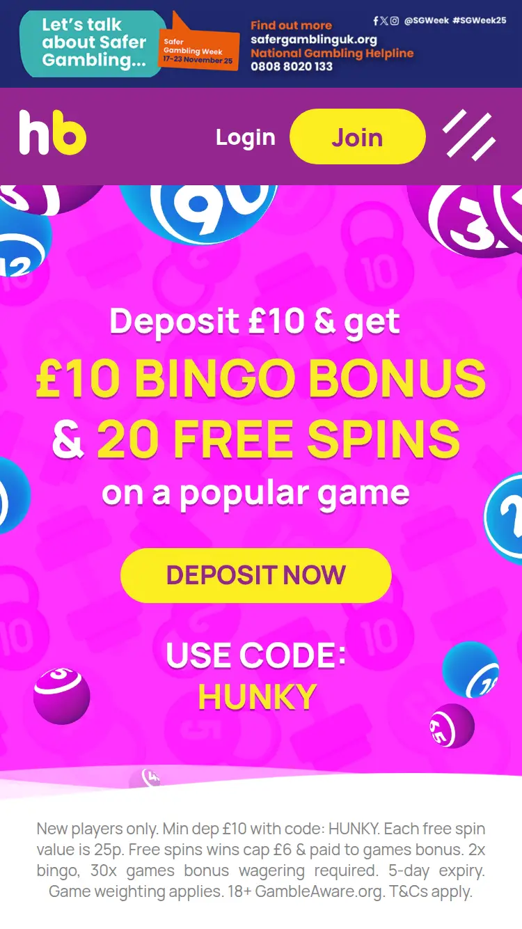 Hunky Bingo - homepage (mobile)