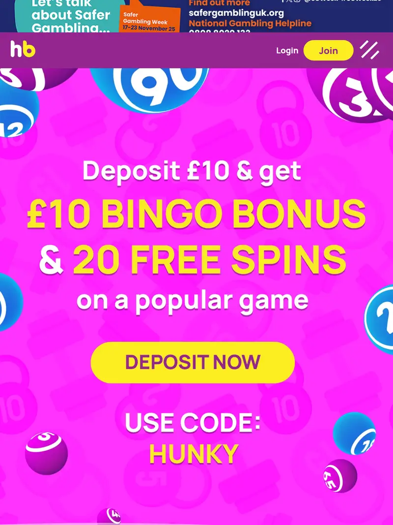 Hunky Bingo - homepage (tablet)