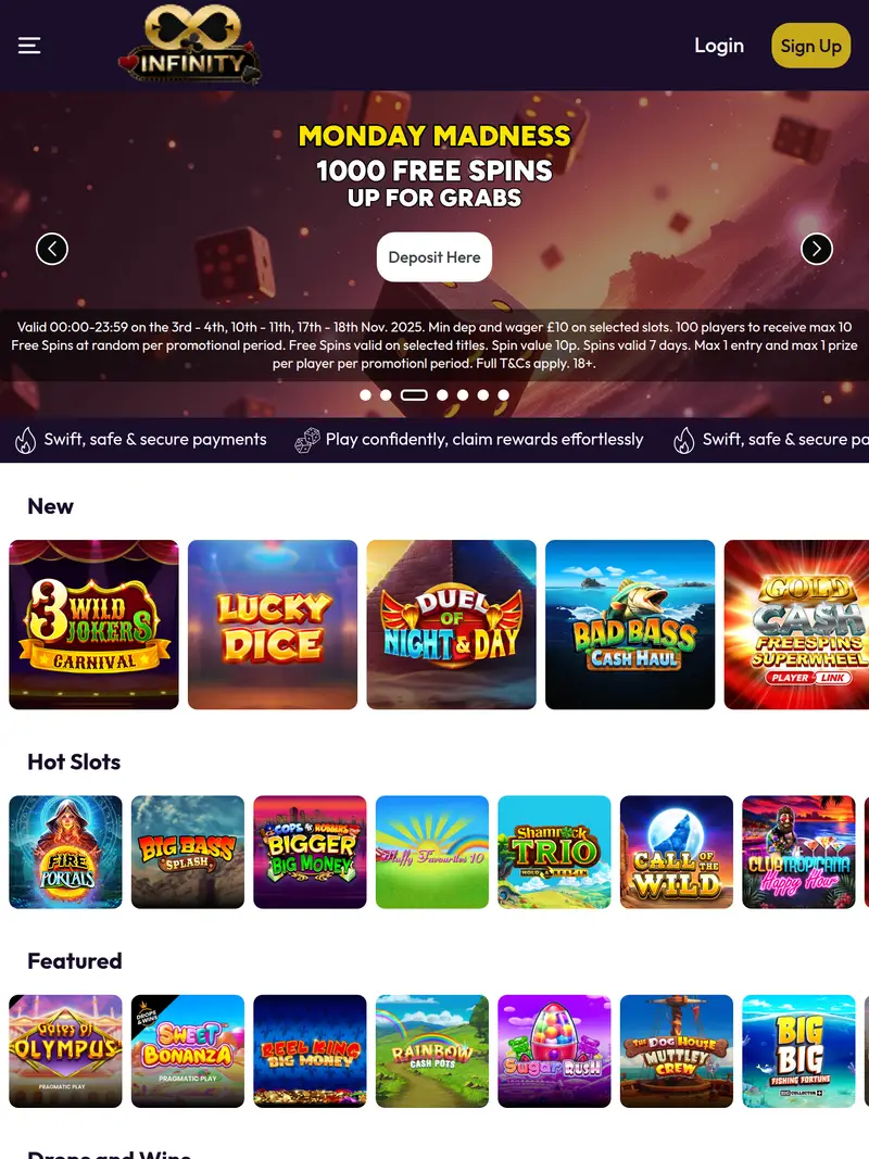 Infinity Casino - homepage (tablet)
