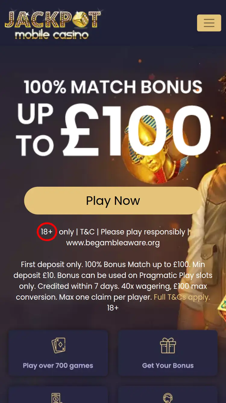 Jackpot Mobile Casino - homepage (mobile)