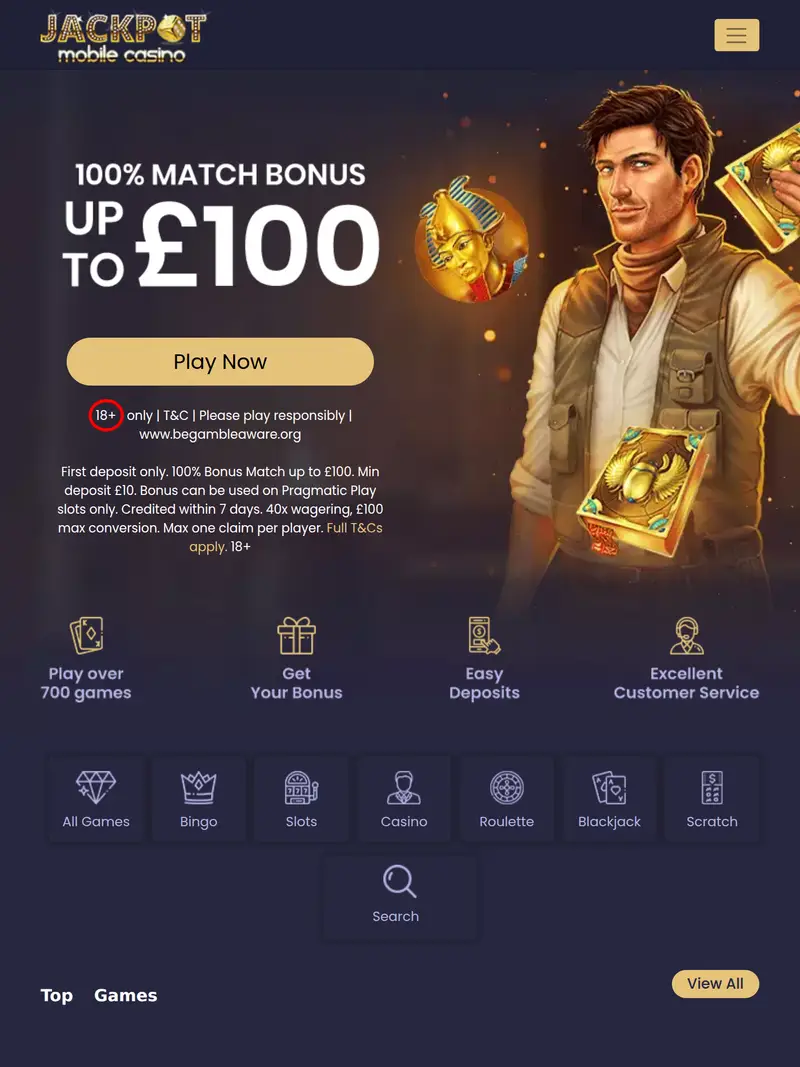 Jackpot Mobile Casino - homepage (tablet)