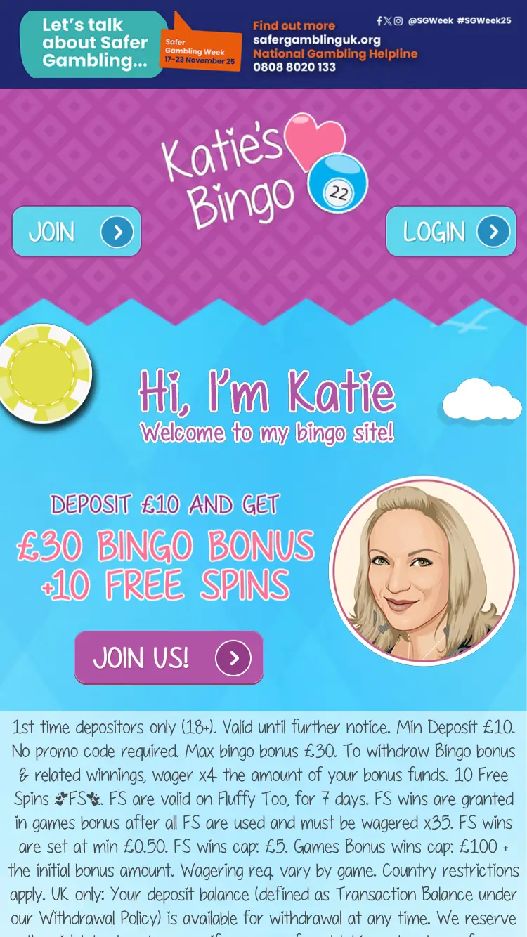 Katies Bingo - homepage (mobile)